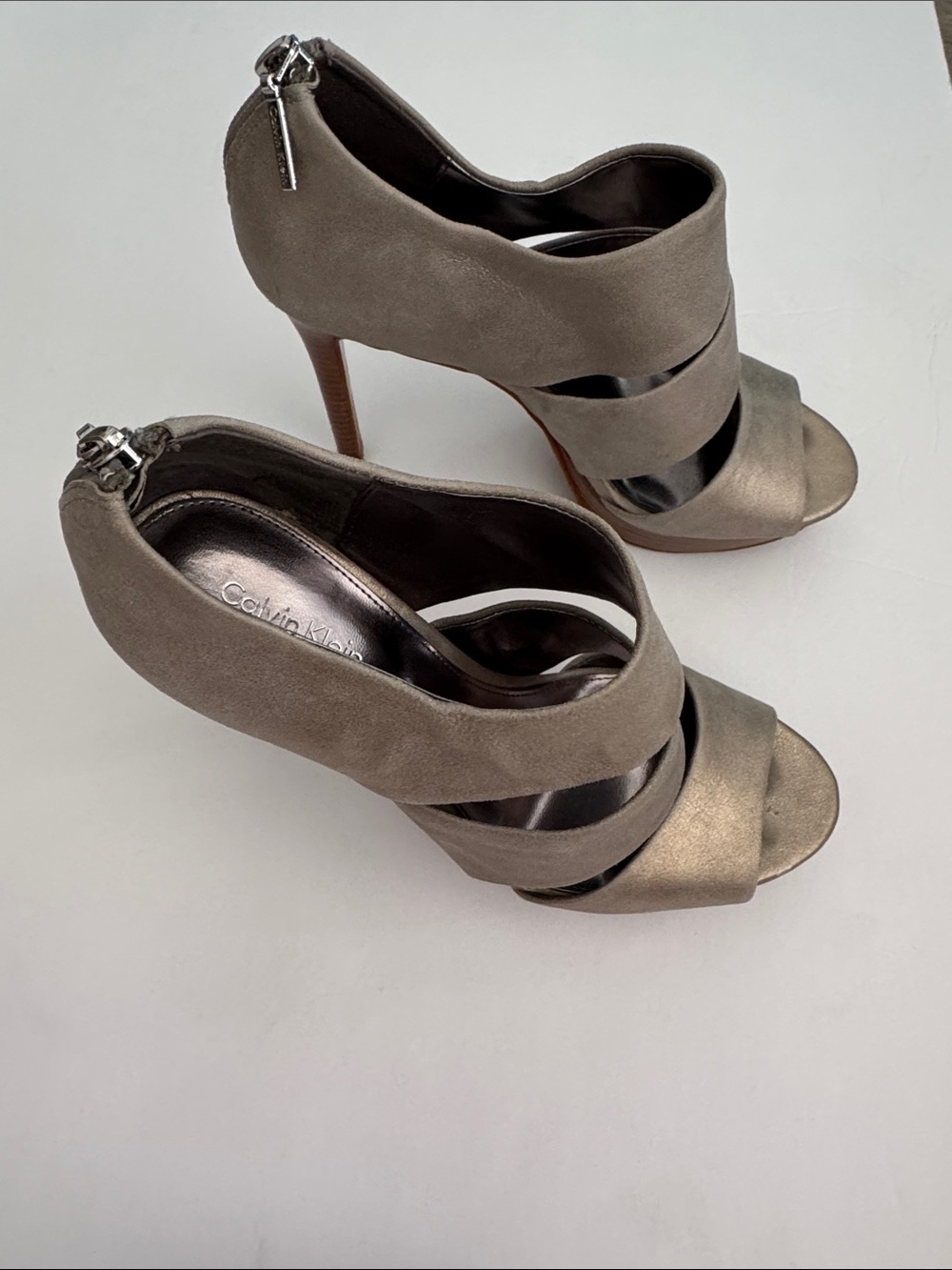 Calvin Klein Taupe Suede Open-Toe Stiletto Sandals